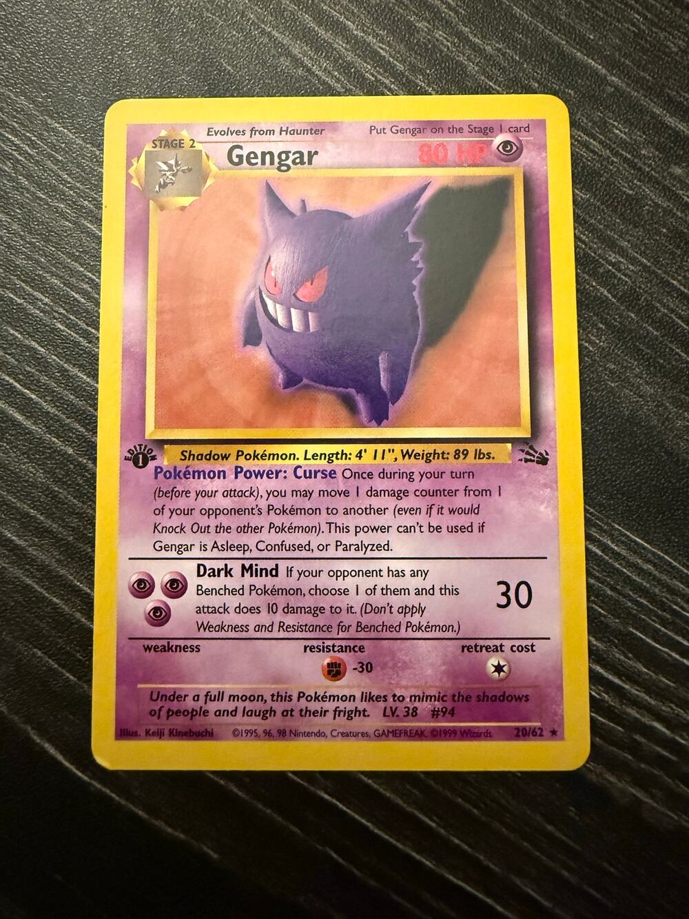 Pokémon Ungraded 1st Edition Gengar 20/62 Classic 1999 Fossil Expansion Card